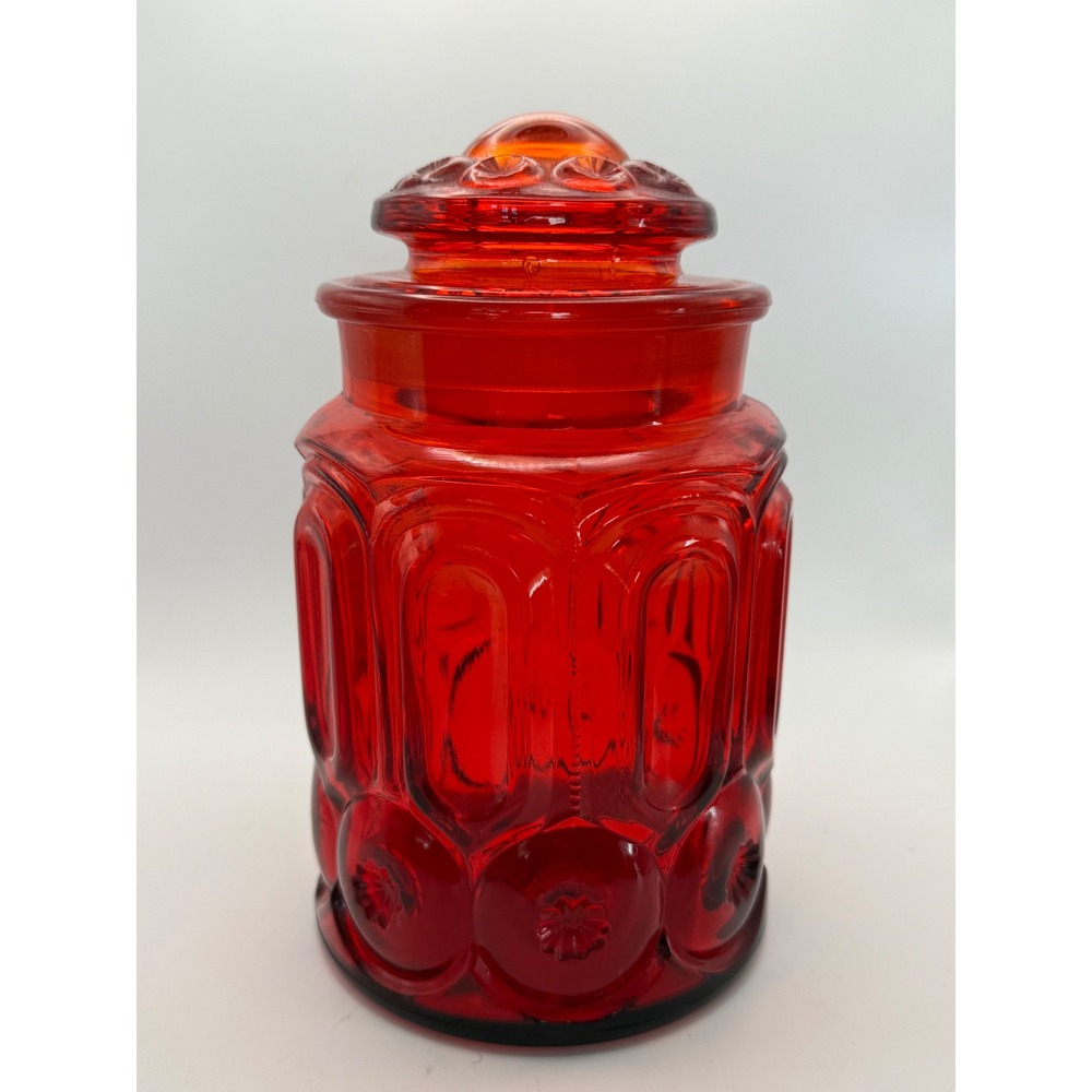 Vintage L.E. Smith Moon and Star Amberina Red Glass Canister Jar with Lid MCM